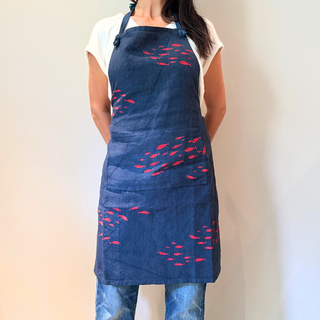 Navy Linen Apron with Red Fish Print