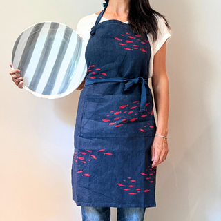 Navy Linen Apron with Red Fish Print
