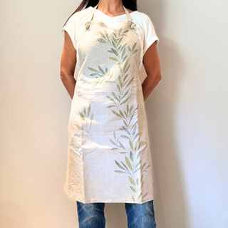 Natural Linen Apron with Olive Branch Print