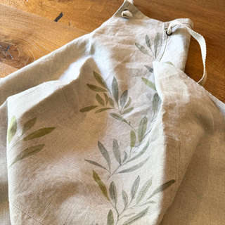 Natural Linen Apron with Olive Branch Print